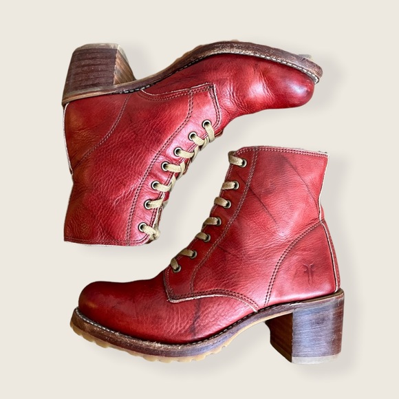 Frye Sabrina 6G Burgundy Vintage Leather Combat Lace Up Block Heel Ankle Boots - Picture 5 of 12